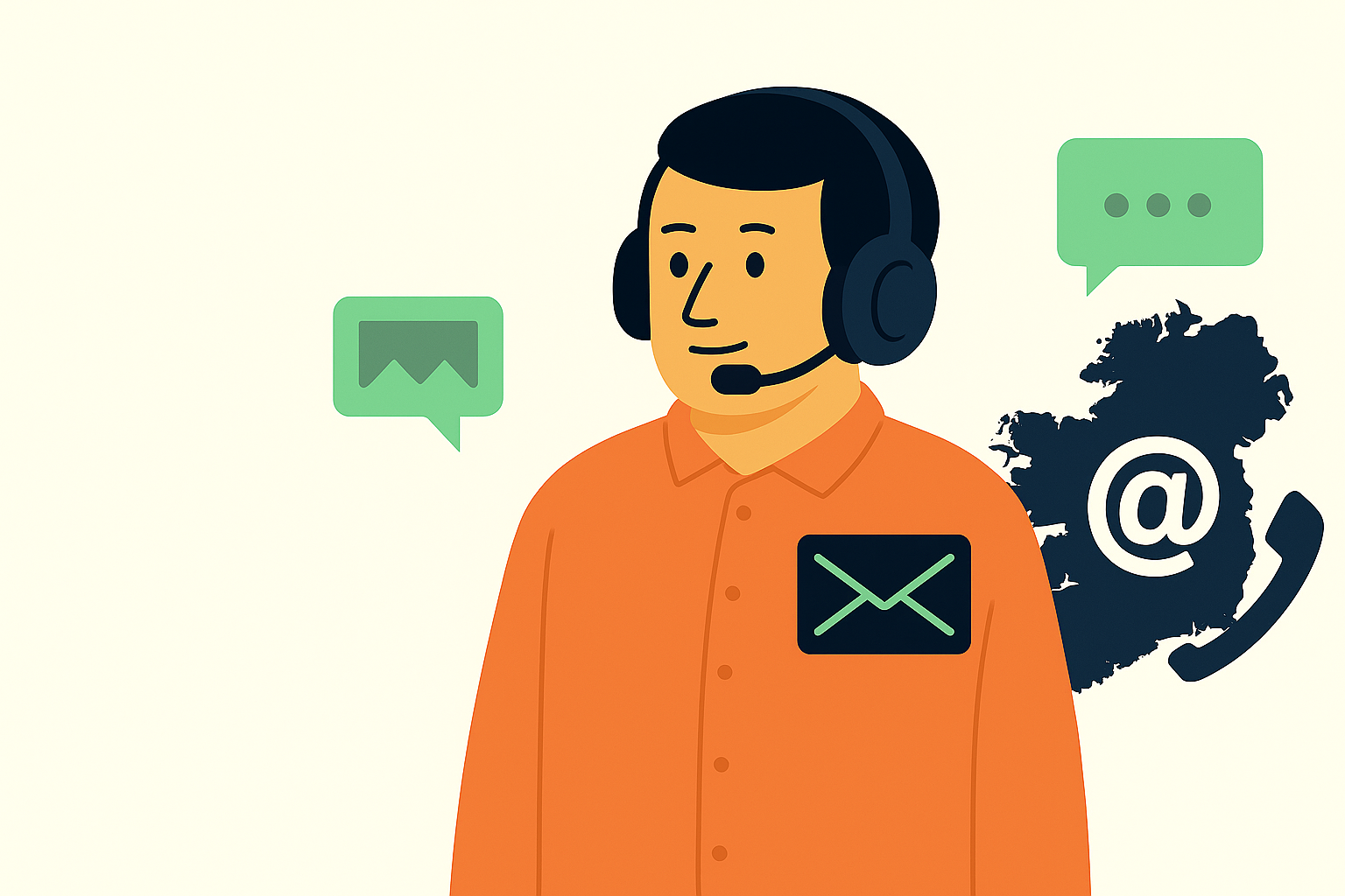 Illustration of a customer service representative with communication icons—email, phone, and chat—representing Ériu Energy’s commitment to expert support and energy guidance.